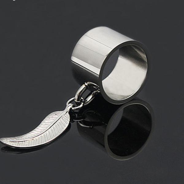 Stainless Steel Ring With Leaf Dangle Charm