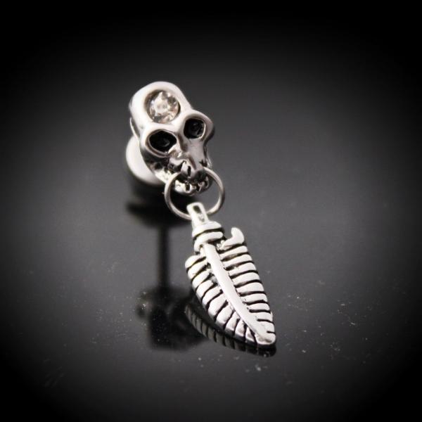 Fake Ear Plug Ear Stretcher - Retro Skull Crystal With Dangle Feather
