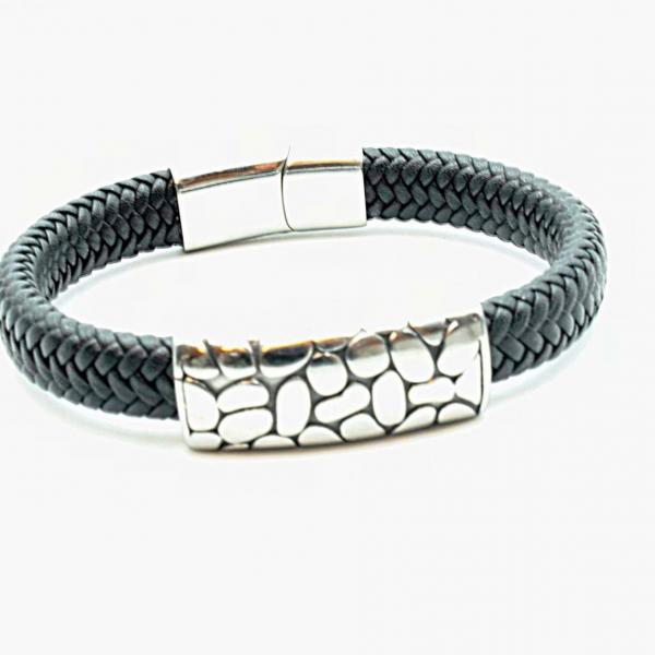 Wide Braid Leather Bracelet with Crocodile Effect Design