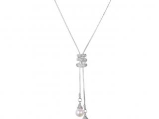 Double Pearl and Crystal Long Necklace