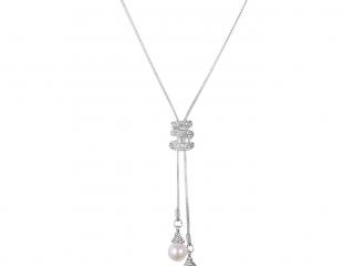 Double Pearl and Crystal Long Necklace
