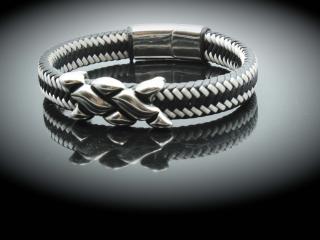 Wide Braid Black & White Leather Bracelet Interwoven Design