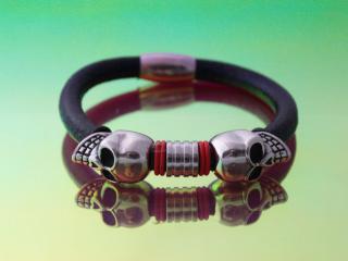 Double Skull Leather & Steel Bracelet - Customisable!!