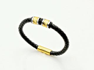 Gold Polished Stripe Bead Leather Bracelet