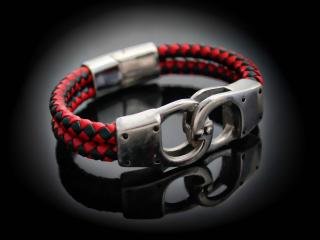 Handcuff Design Leather & Steel Red & Black Bracelet.