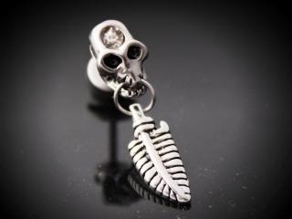 Fake Ear Plug Ear Stretcher - Retro Skull Crystal With Dangle Feather