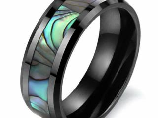 Tungsten Ring in Black With Shell Design