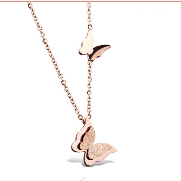 Butterfly Necklace Sandblasted Design In Rose Gold